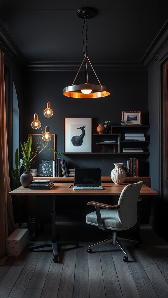 A moody home office featuring stylish statement lighting fixtures, a wooden desk, and cozy decor.