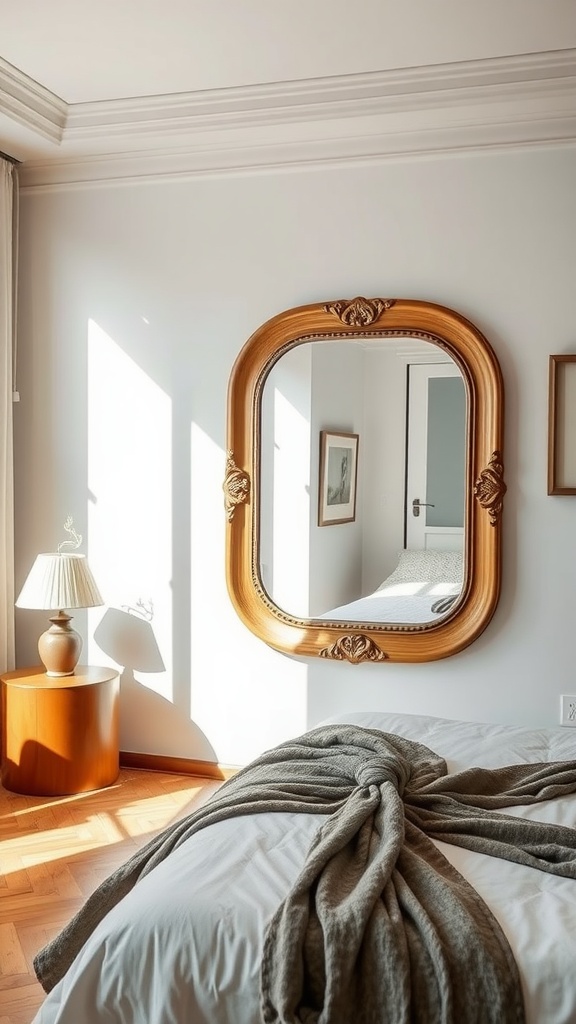 A stylish bedroom featuring a large statement mirror with a golden frame, reflecting light and enhancing the decor.