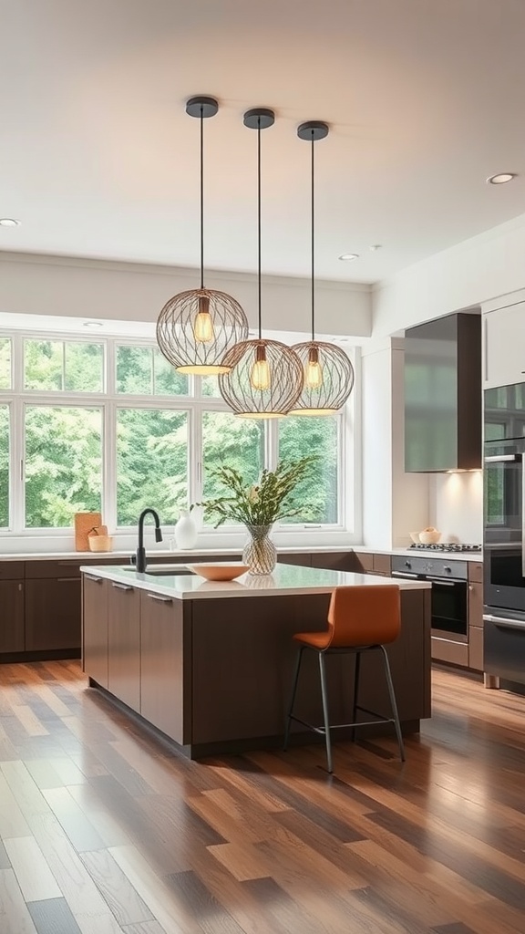 A modern kitchen featuring three pendant lights over the island, with natural light from large windows.