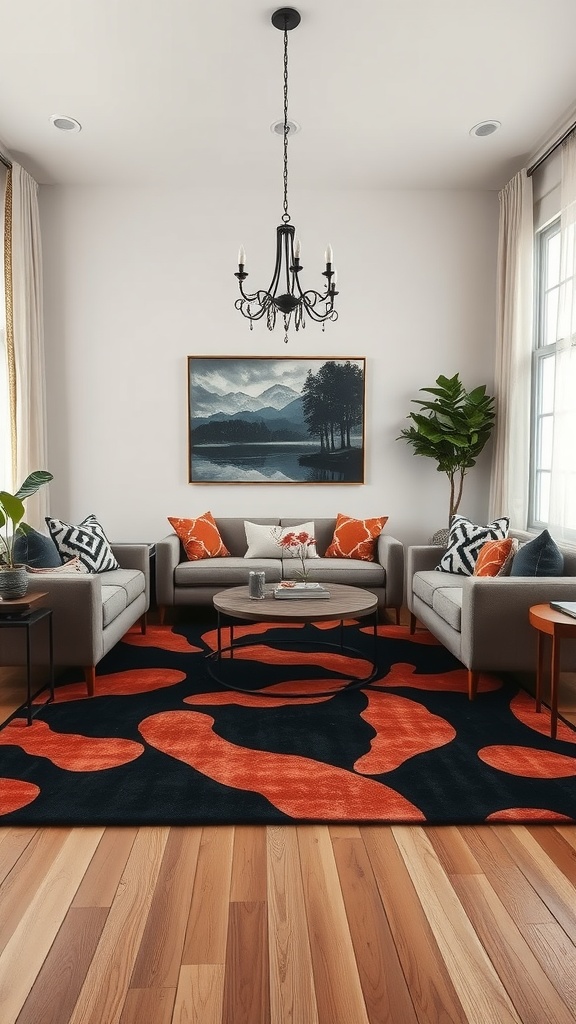 Living room featuring a black and rust rug, gray sofas, a round coffee table, and decorative elements.