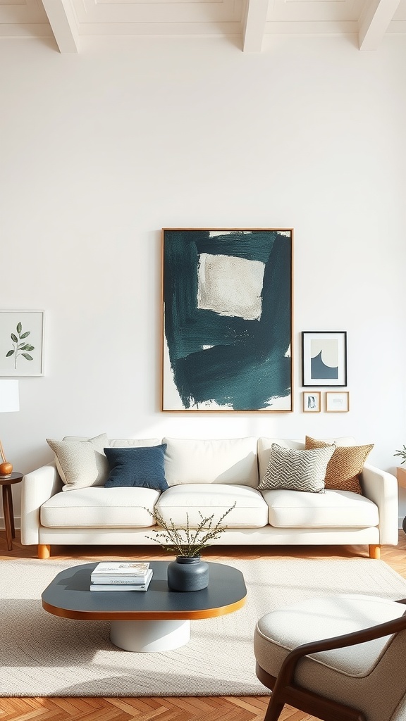 Living room with a large abstract painting on the wall, a light-colored sofa with decorative pillows, and a unique coffee table.