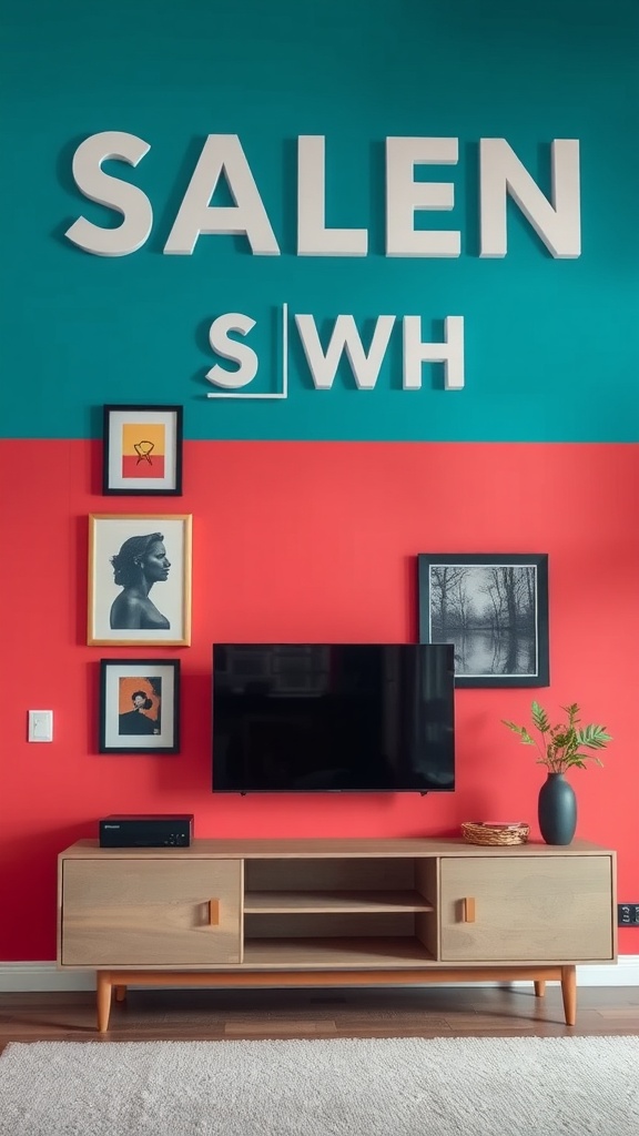 A modern TV room featuring a vibrant statement wall with art, a wooden TV unit, and decorative elements.