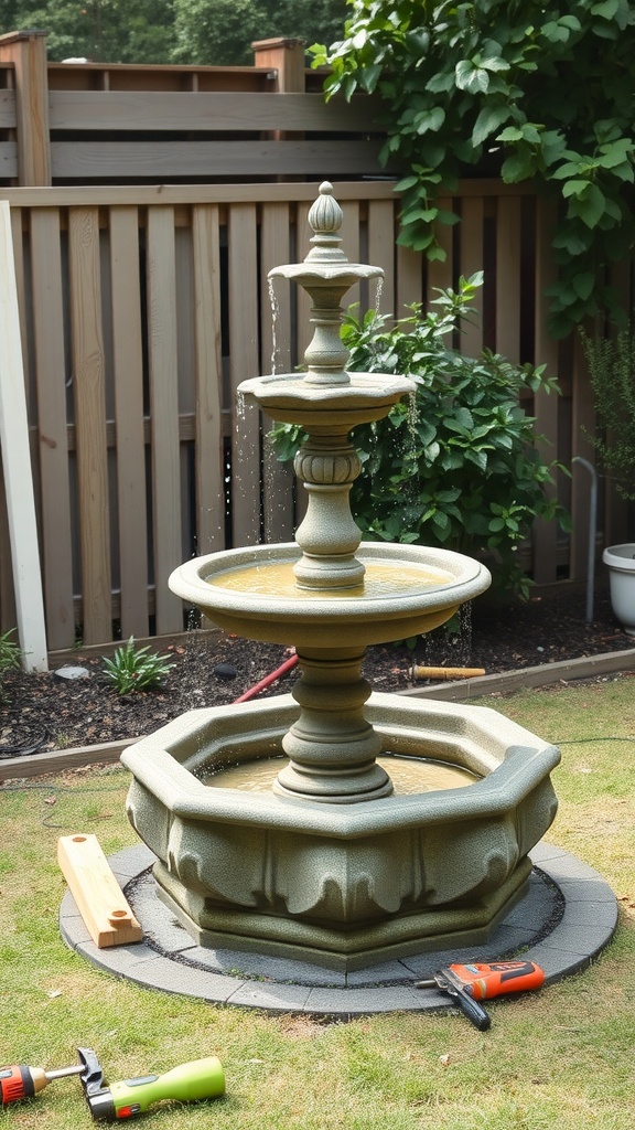 A tiered fountain in the process of assembly, featuring three levels and tools for construction.