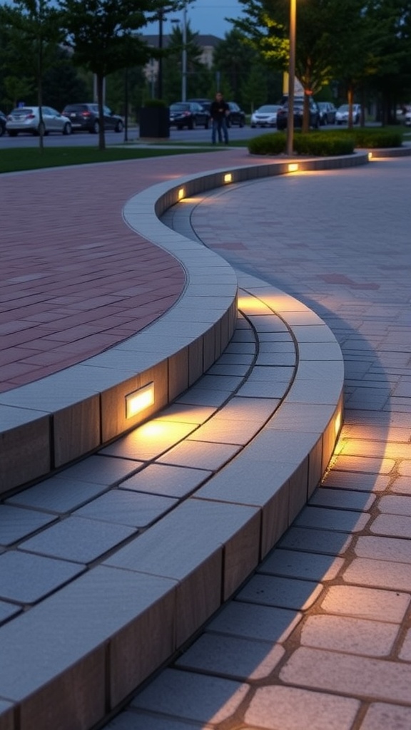 A paver walkway with illuminated step lights along the edges, creating a welcoming path at night.