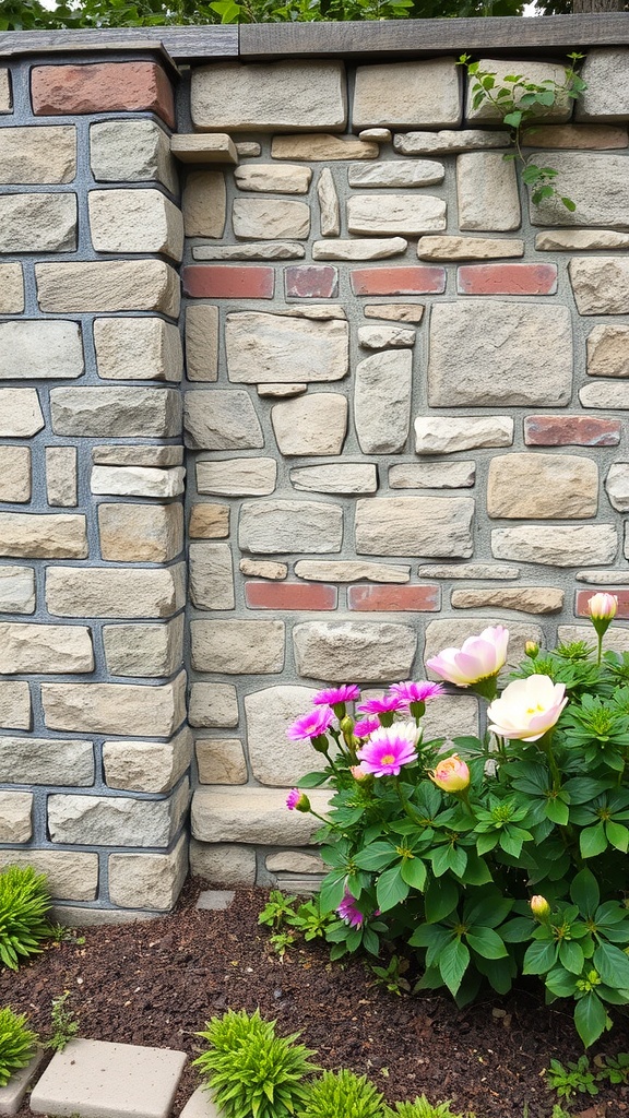 A stone and brick wall with colorful flowers in front