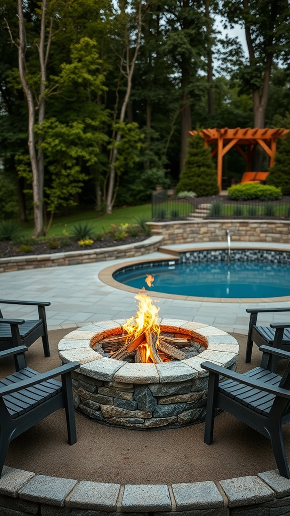 Stone fire pit surrounded by chairs in an outdoor space with a pool nearby.