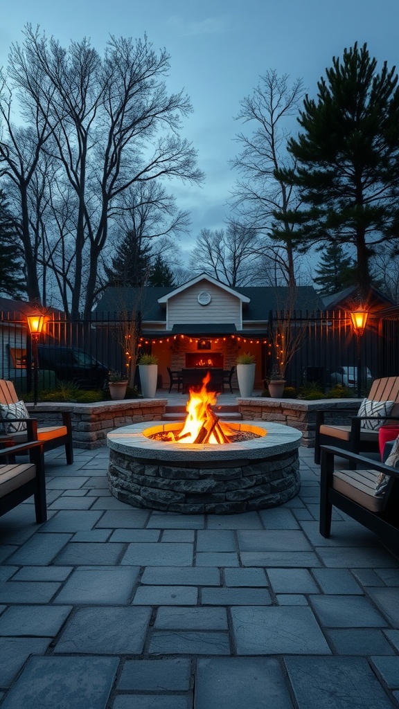 A cozy stone fire pit surrounded by chairs, set in a tranquil outdoor space.