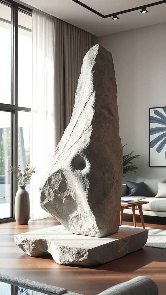 A large, textured stone sculpture in a modern living room, enhancing the decor.