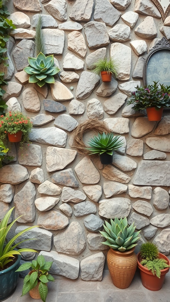 A decorative stone wall with hanging plants and various potted greenery