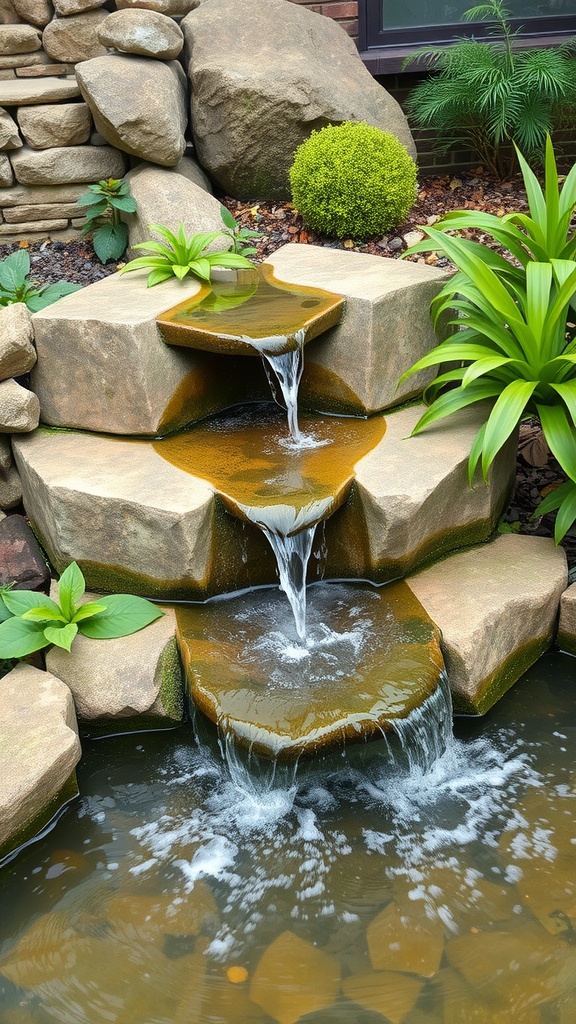 A stone water feature with cascading water, surrounded by greenery.