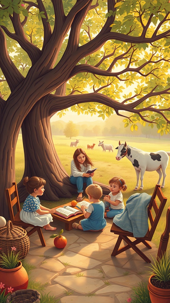 Children sitting under a tree, listening to a woman reading a storybook, with a cow grazing nearby.