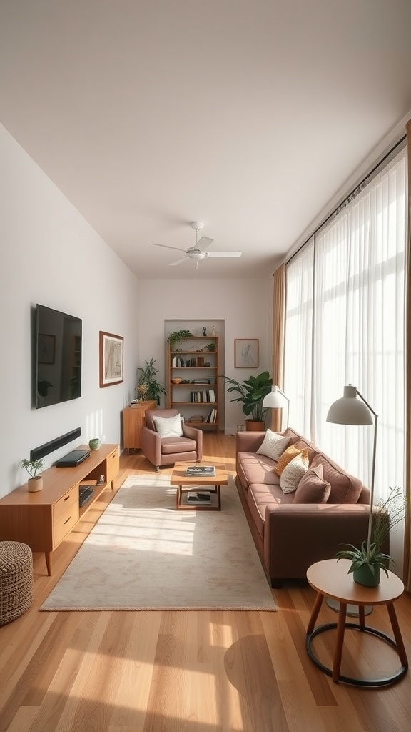 A narrow living room featuring a cozy layout with a sofa, chairs, a coffee table, and plants.