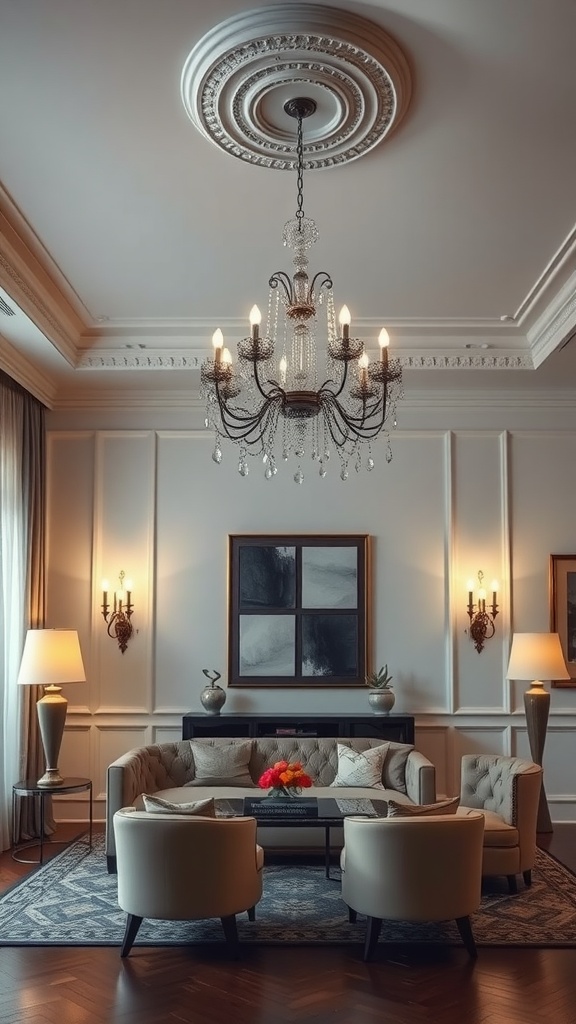 Elegant living room featuring a chandelier and wall sconces