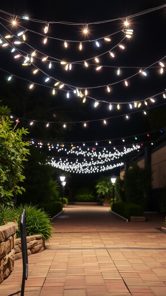 Colorful string lights hanging above a paver walkway, creating a warm atmosphere at night.