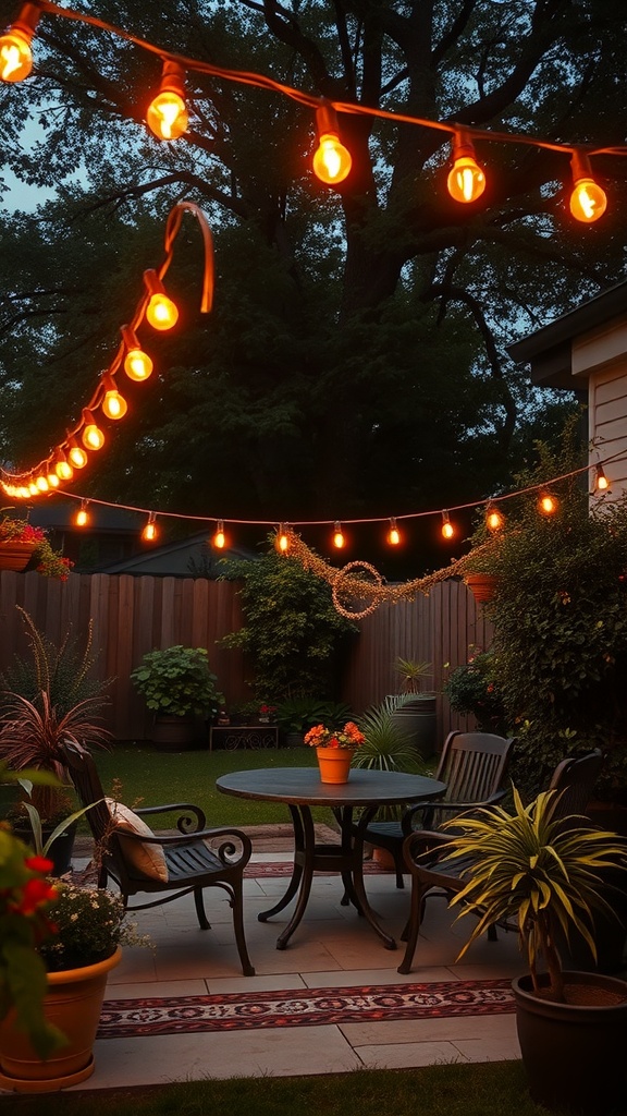 A cozy outdoor space with string lights hanging over a table and chairs, surrounded by plants.