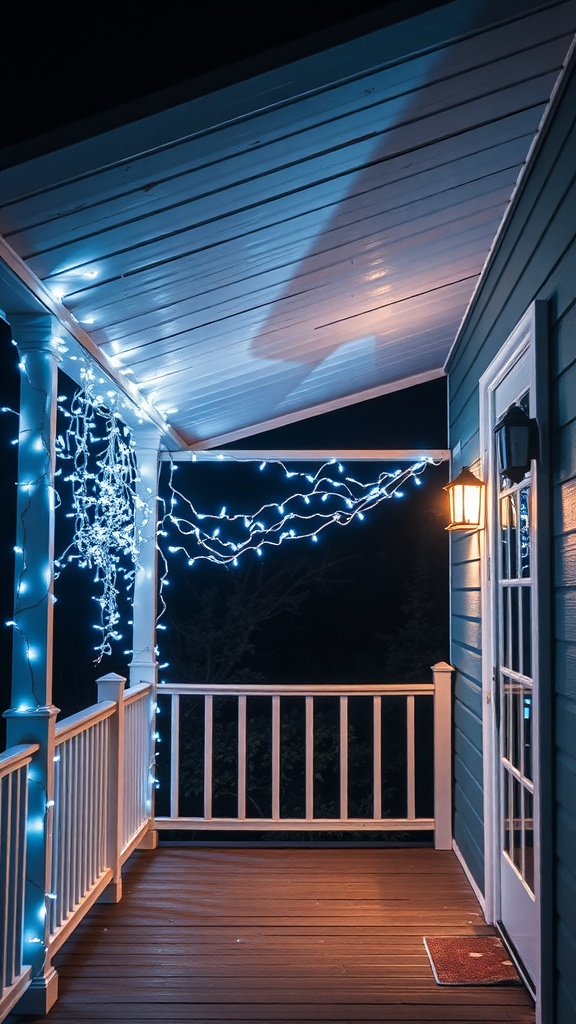 A porch decorated with icy blue string lights, illuminating the space warmly against a dark night.