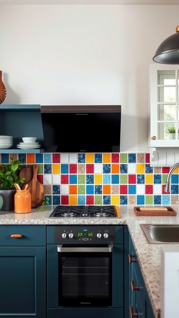 Colorful mosaic tile backsplash in a modern kitchen