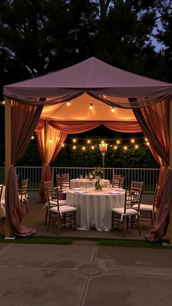 A beautifully decorated canopy tent set up for an outdoor event, featuring a round table with a white tablecloth, elegant chairs, and string lights.