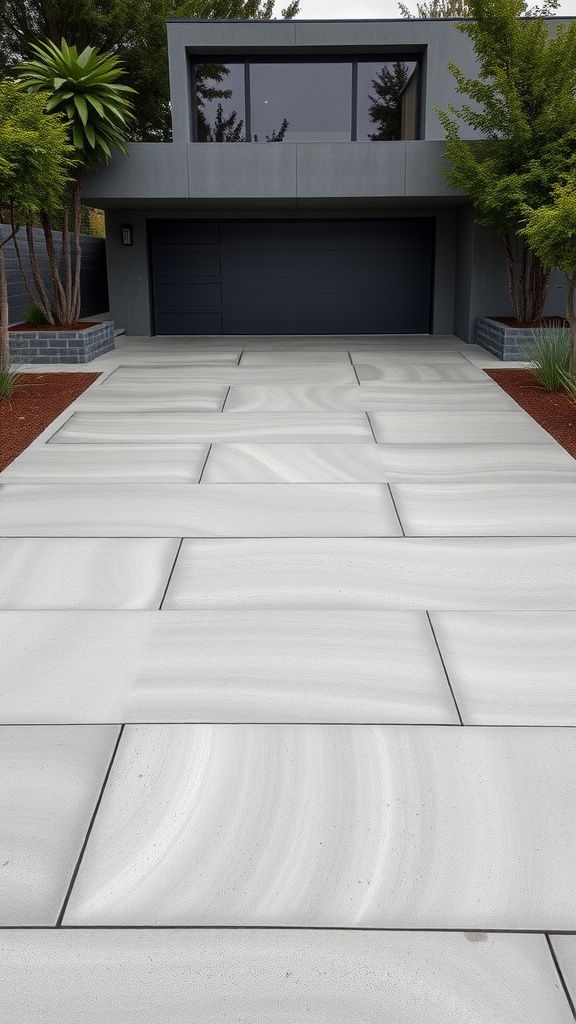 Stylish concrete slabs forming a modern driveway leading to a garage.