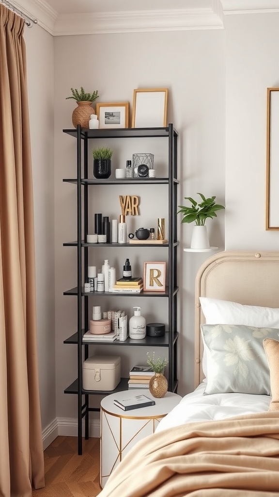 A stylish black corner shelving unit filled with decorative items and plants in a cozy bedroom setting.