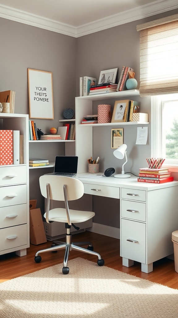 A stylish desk area in a preppy bedroom featuring a white desk, rolling chair, and organized shelves with books and decor.