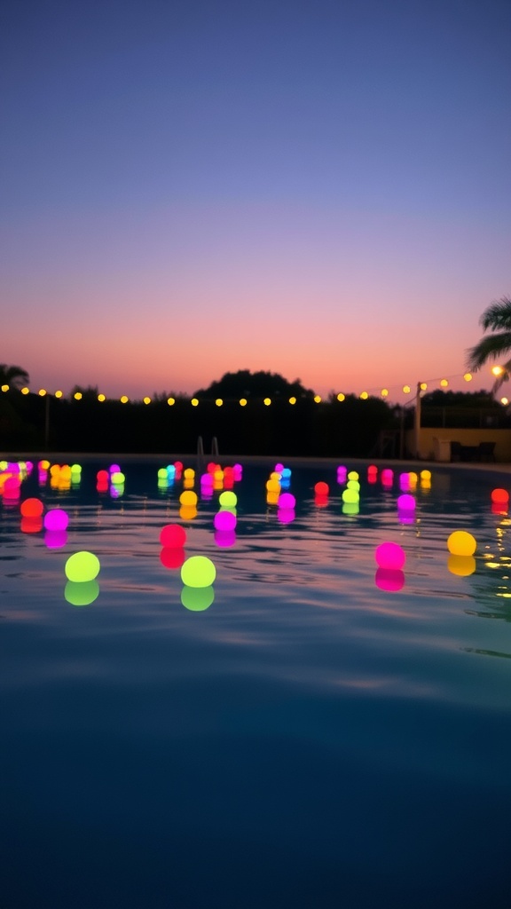 Colorful floating lights in a pool at sunset