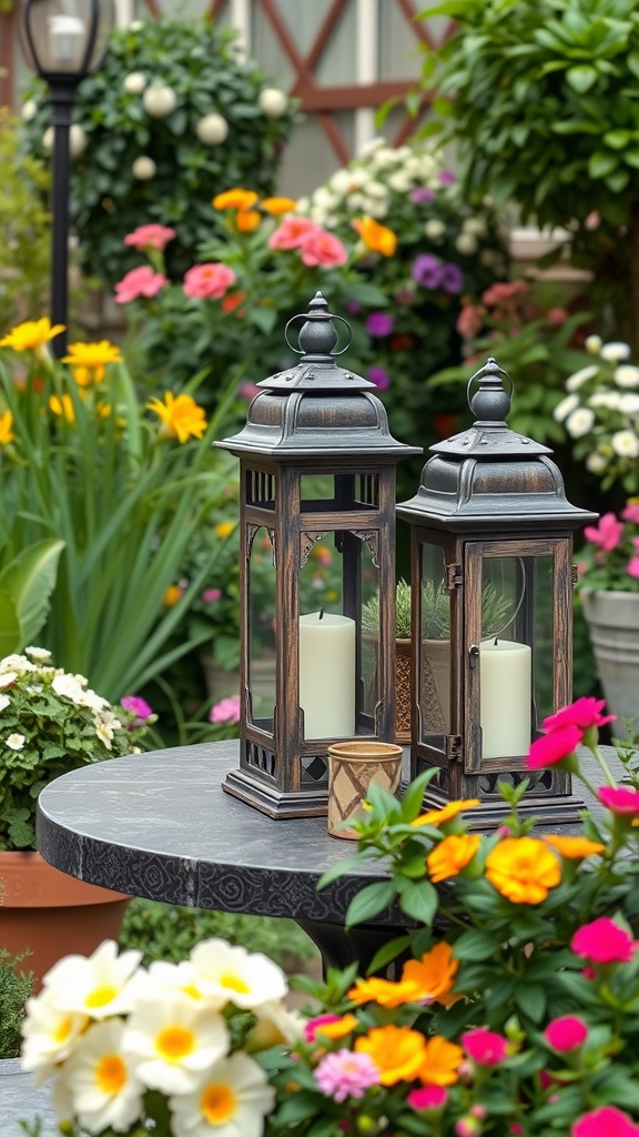 Two stylish lanterns on a table surrounded by colorful flowers in a garden setting.