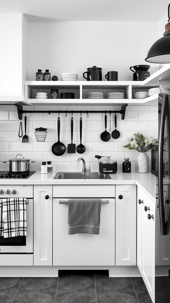 A stylish black and white kitchen with neatly arranged utensils and pots