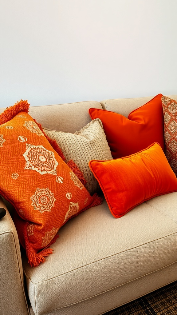 Stylish orange throw pillows on a beige sofa