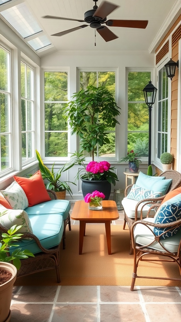 A cozy porch sunroom with stylish outdoor furniture, bright cushions, and plants.