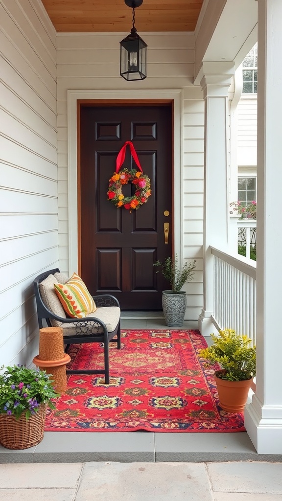 A cozy sitting porch featuring a vibrant red outdoor rug, decorative cushions, and potted plants.