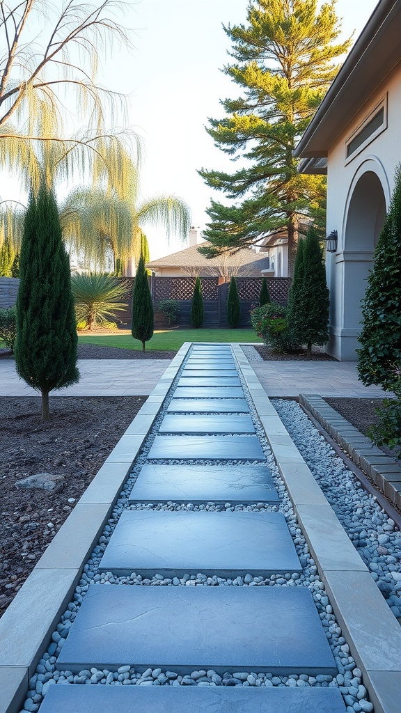 A modern pathway made of stone slabs surrounded by gravel, leading through a landscaped backyard.