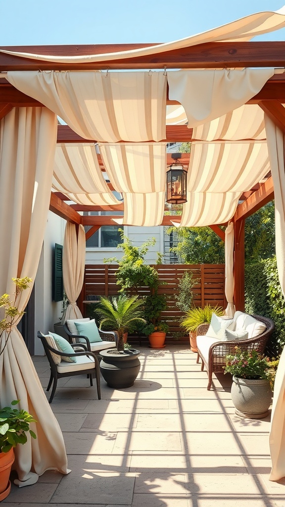 A stylish outdoor pergola with curtains, comfortable seating, and potted plants