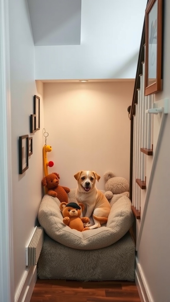 A cozy pet nook under a staircase featuring a dog surrounded by stuffed animals