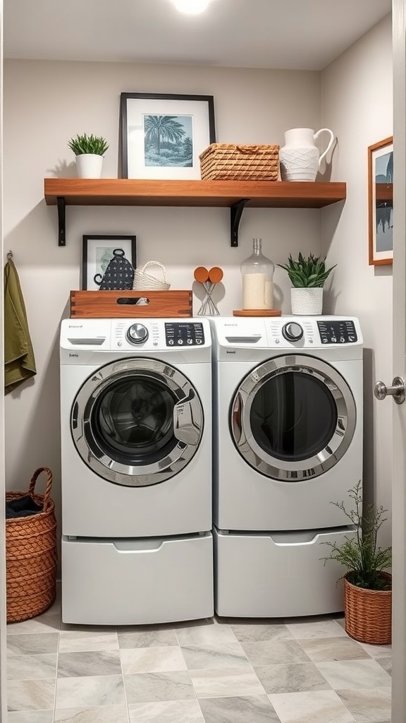 A stylish laundry room featuring a modern washer and dryer, complemented by decorative shelves and plants.