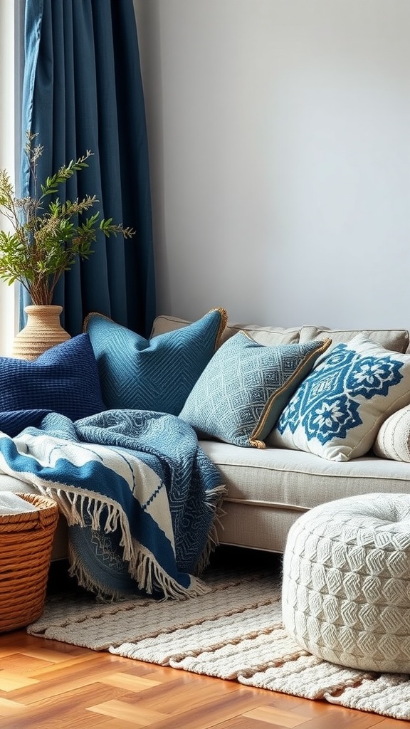 A cozy living room featuring blue and white textures, including cushions, a knitted pouf, and a woven basket.