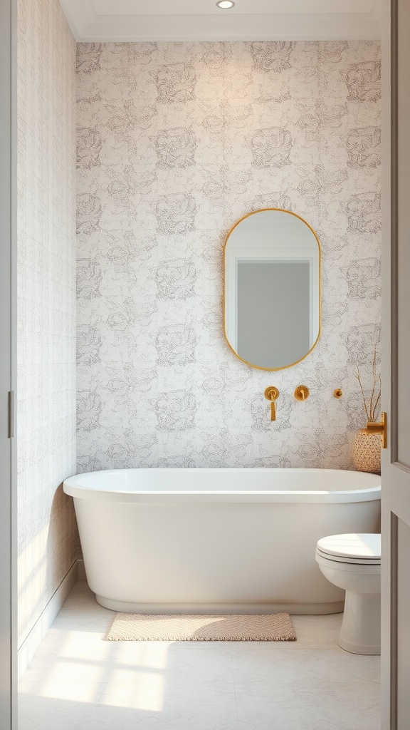 A modern bathroom featuring subtle textured wallpaper, a freestanding tub, and gold accents.