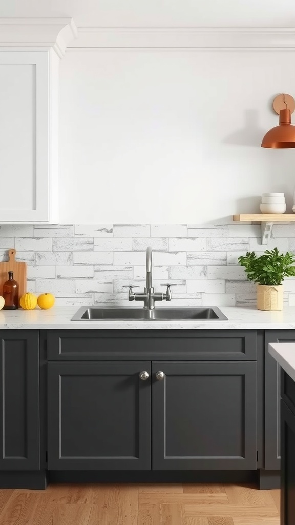 Farmhouse kitchen featuring a matte backsplash with subtle textures, a dark cabinet, and a modern sink.