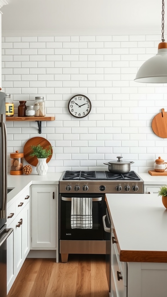 Farmhouse kitchen featuring white subway tile backsplash, dark stove, and wooden accents.