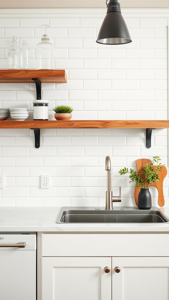 A modern farmhouse kitchen with a white subway tile backsplash, wooden shelves, and a sleek sink.