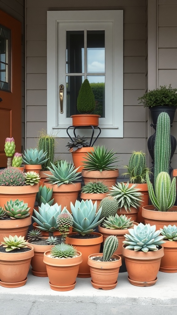 A collection of various succulents in terracotta pots arranged on a front porch