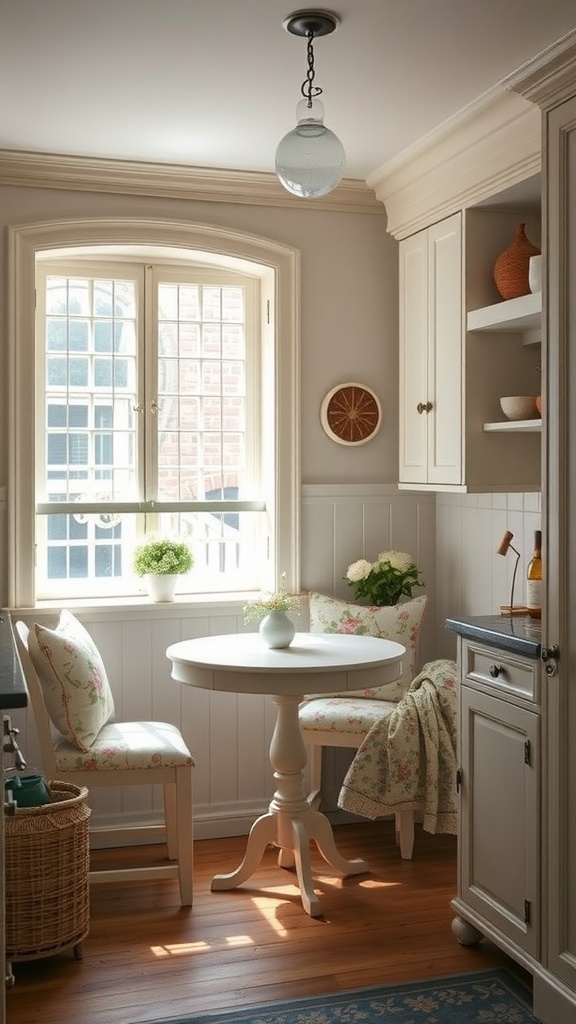 A sunlit breakfast nook featuring a round table, floral cushions, and a large window.