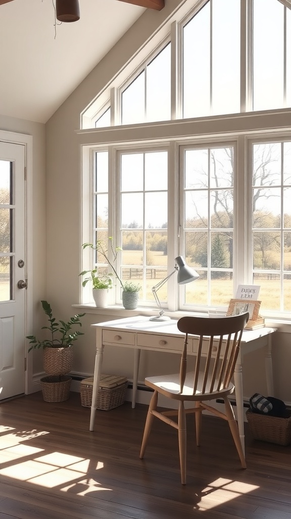 A bright and airy farmhouse sunroom with a workspace featuring a desk, chair, and plants by large windows.