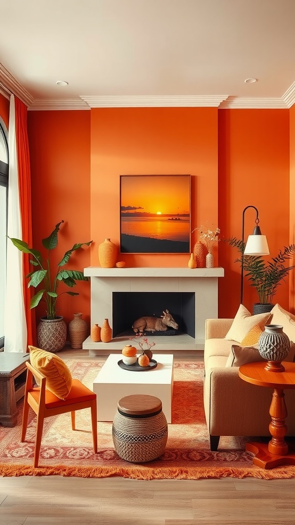 A cozy living room decorated in warm orange tones with sunset art on the wall.