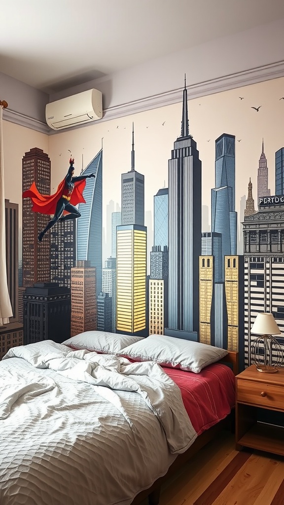 A kids bedroom featuring a superhero cityscape mural with tall buildings and a superhero figure flying across the wall.