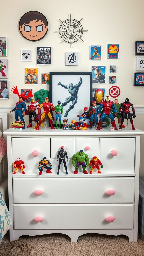 A dresser adorned with colorful superhero figurines and framed superhero art on the wall.