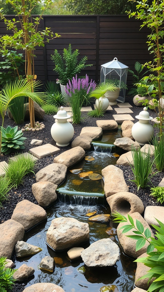 A tranquil garden layout featuring a stream, rocks, and various plants, promoting a sustainable landscape design.