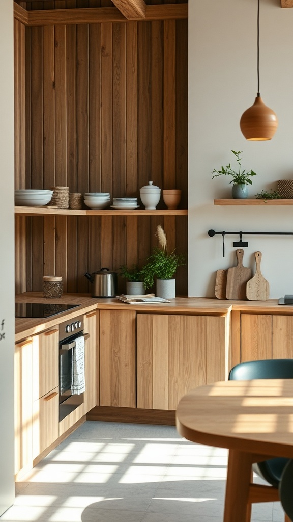 A Scandinavian kitchen featuring wooden cabinetry, open shelves, and green plants, emphasizing sustainable materials and eco-friendly practices.