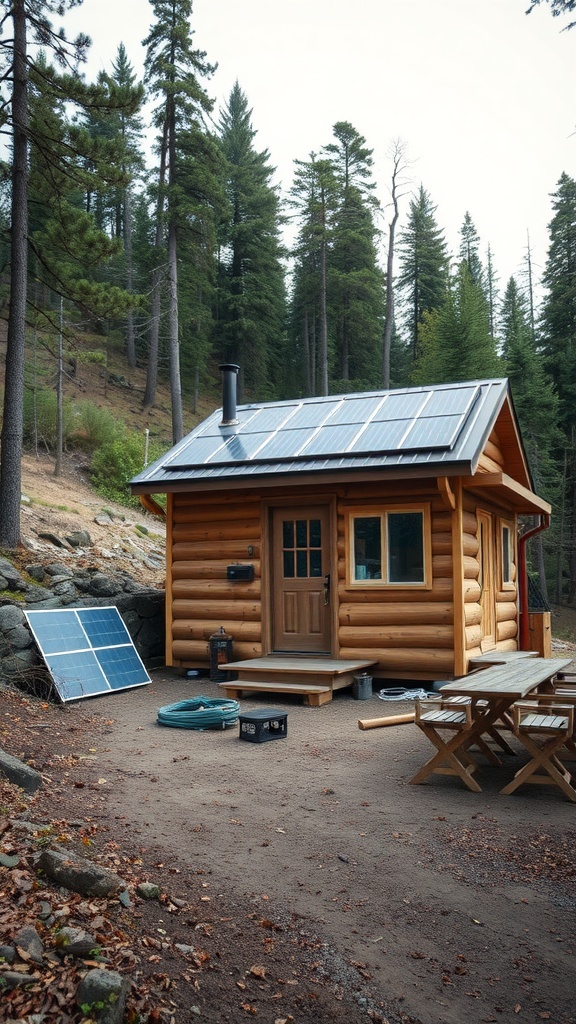 A tiny log house in a forest setting, featuring solar panels on the roof and surrounded by trees.