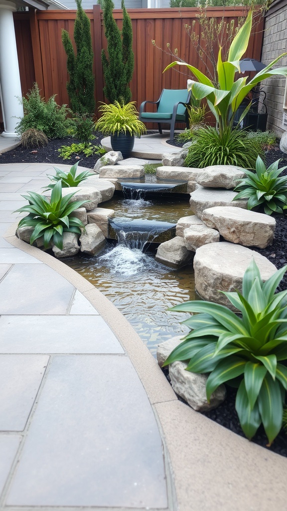 A serene outdoor water feature with rocks and plants in a patio setting